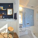 左：バルコニーの横にレイアウトした洗面スペース。 右：ブルーの細かいタイルが個性的なバスルーム。